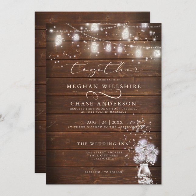 Invitación Rustic Mason Jar String ilumina el descalzoBride™ (Anverso / Reverso)