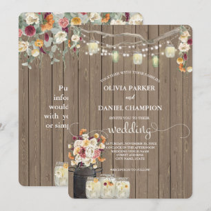 Invitación Rustic Mason Jar String ilumina las flores acuátic