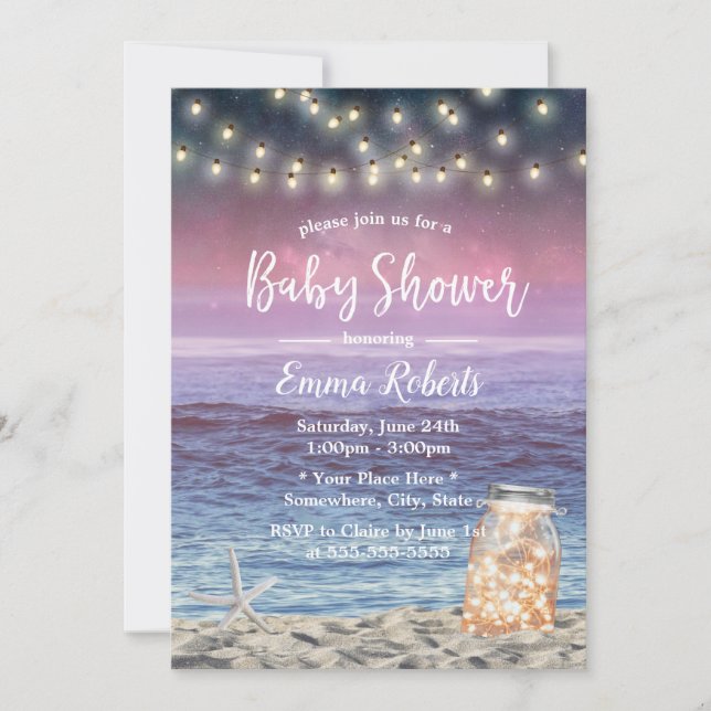 Invitación Rustic Mason Jar String Lights Beach Baby Shower (Anverso)