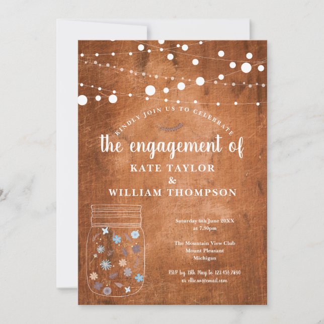 Invitación Rustic Mason Jar String Lights Engagement Party (Anverso)
