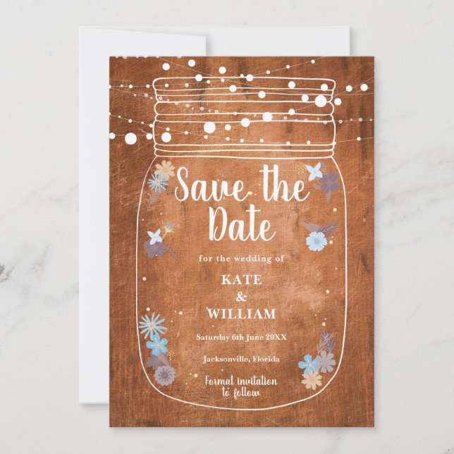 Invitación Rustic Mason Jar String Lights Save the Date (Anverso)
