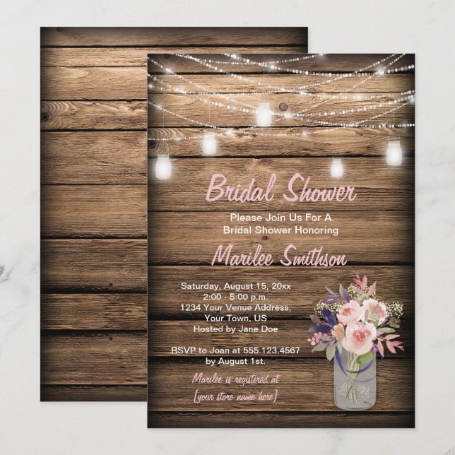 Invitación Rustic Mason Jar Wildflowers Barn Bridal Shower (Anverso / Reverso)