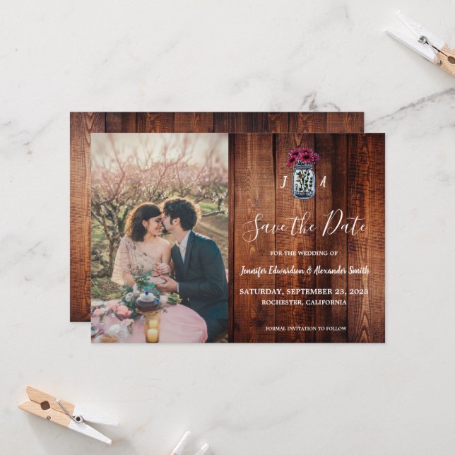 Invitación Rustic Mason jar wood monogram photo Save the Date (Anverso/Reverso In Situ)