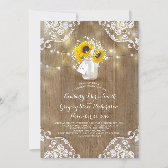 Invitación Rustic Mason Jar y Sunflowers Engagement Party (Anverso)