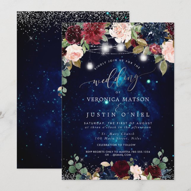 Invitación Rustic Mason Jars Midnight Sky Burgundy Flowers (Anverso / Reverso)