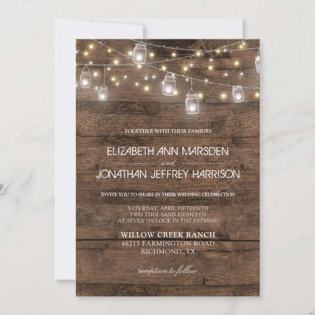 Invitación Rustic Mason Jars String ilumina una elegante boda (Anverso)