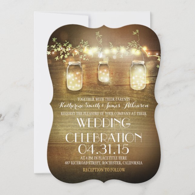 Invitación Rustic Mason Jars String ilumina una elegante boda (Anverso)