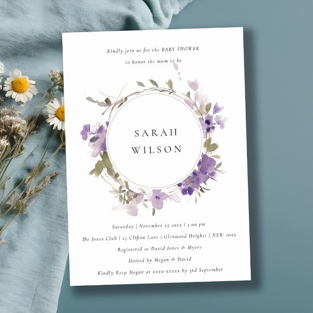 Invitación Rustic Meadow Lilac Floral Wreath Baby Shower (Subido por el creador)