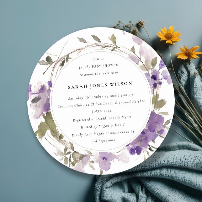 Invitación Rustic Meadow Lilac Floral Wreath Baby Shower (Subido por el creador)
