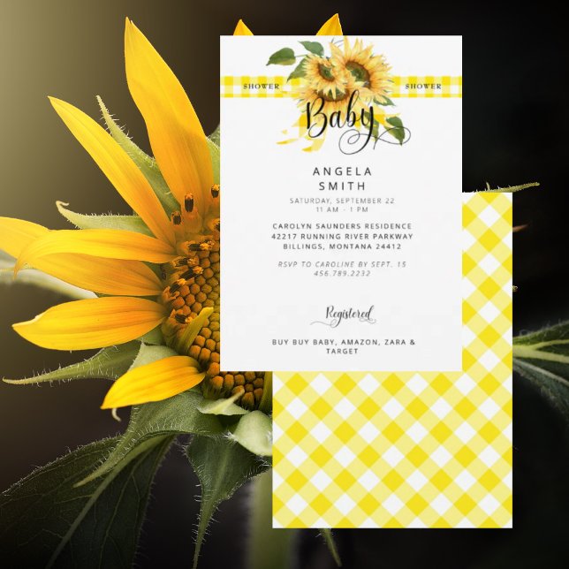 Invitación Rustic Meadow Yellow Gingham Sunflower Baby Shower (Subido por el creador)