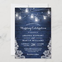 Invitación Rustic Midnight Blue String Luces Lace Boda