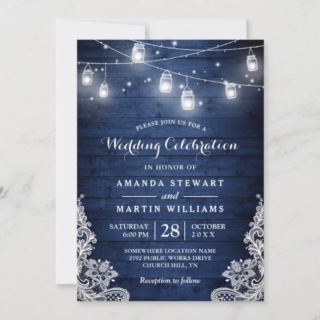 Invitación Rustic Midnight Blue String Luces Lace Boda (Anverso)
