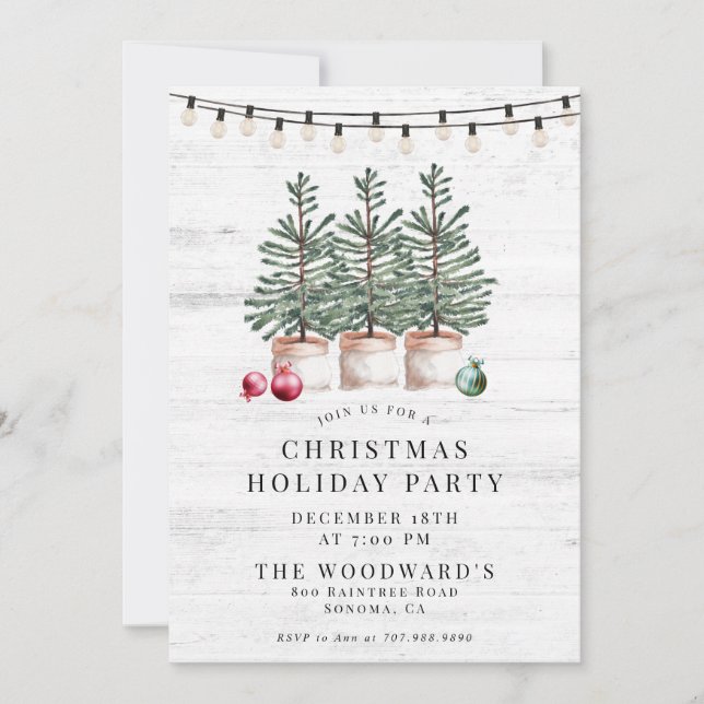 Invitación Rustic Modern Christmas Trees Wood String Lights (Anverso)