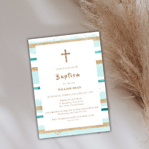 Invitación Rustic Modern Gold Stripe Cross Boy Baptism