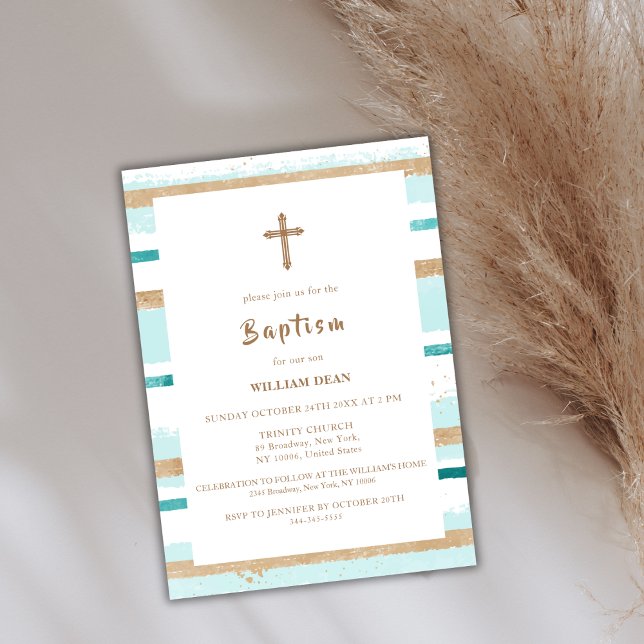 Invitación Rustic Modern Gold Stripe Cross Boy Baptism (Rustic Modern Gold Stripe Cross Boy Baptism Invitation)