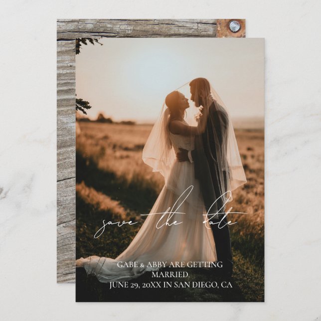 Invitación Rustic Modern Script Boda Photo Save the Date (Anverso / Reverso)