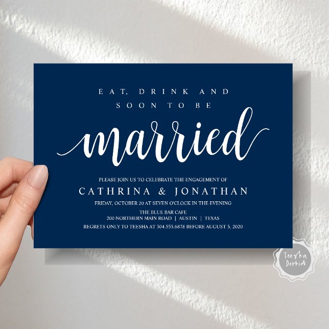 Invitación Rustic moderno, celebración de la fiesta de compro (Modern Wedding Engagement Party Invitation Card, Eat, Drink and Soon To Be Married, Navy Blue)