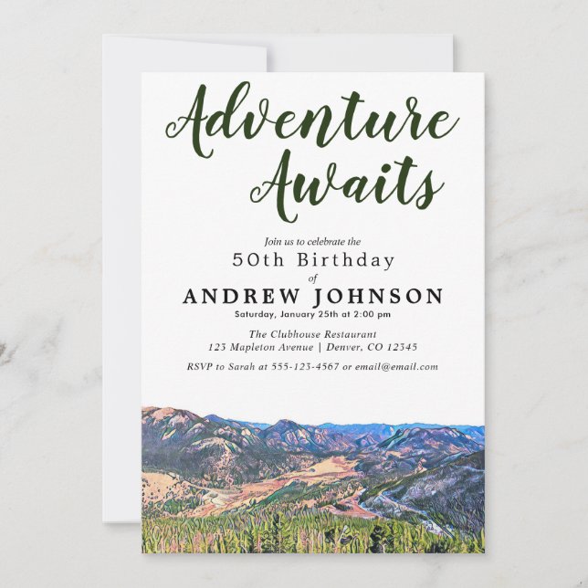 Invitación Rustic Mountain Adventure espera la fiesta de cump (Anverso)