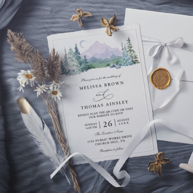 Invitación Rustic Mountain Forest Landscape QR Code Wedding (Subido por el creador)