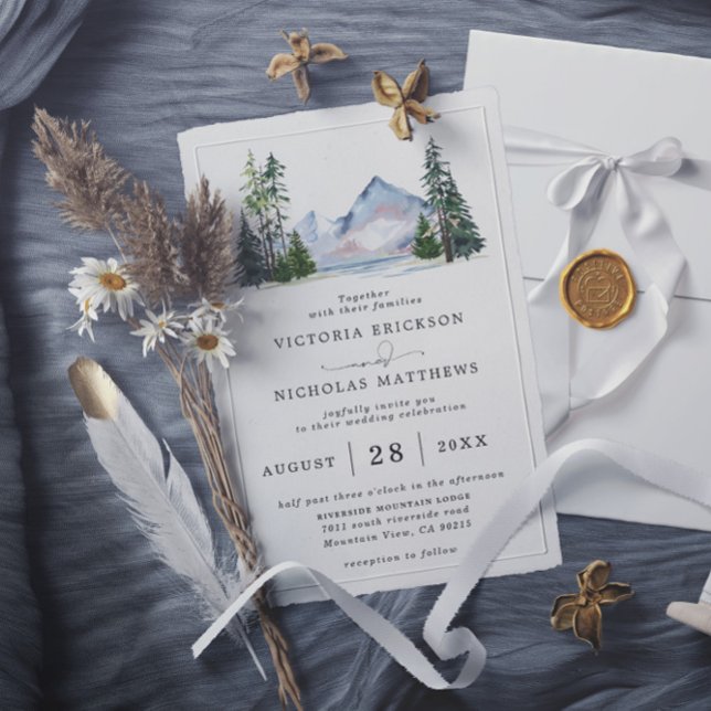 Invitación Rustic Mountain Forest Tree Budget QR Code Wedding (Subido por el creador)