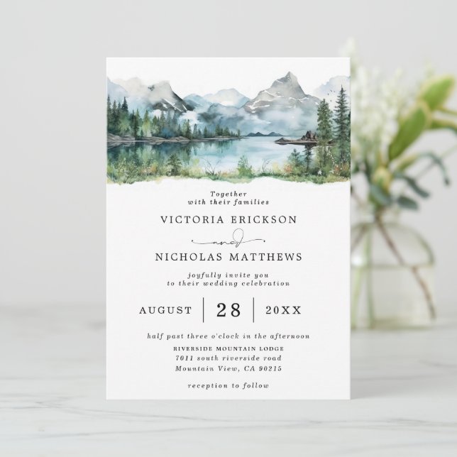 Invitación Rustic Mountain Forest Tree Budget QR Code Wedding (Anverso de pie)