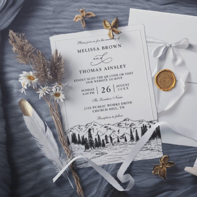 Invitación Rustic Mountain Lake Forest Budget QR Code Wedding (Subido por el creador)