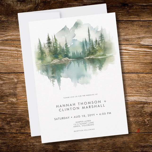 Invitación Rustic Mountain Lake Scene Watercolor Wedding (Rustic Mountain Lake Scene Watercolor Wedding Invitation)
