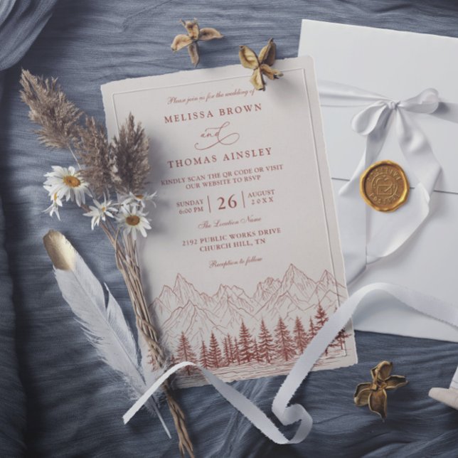 Invitación Rustic Mountain Pine Terracotta QR Code Wedding (Subido por el creador)