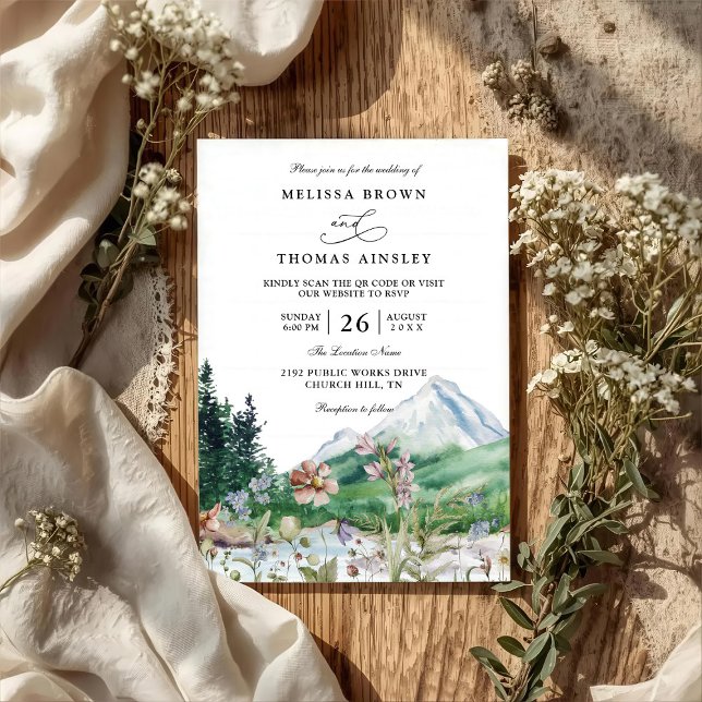 Invitación Rustic Mountain Wildflower Boho QR code Wedding (Subido por el creador)