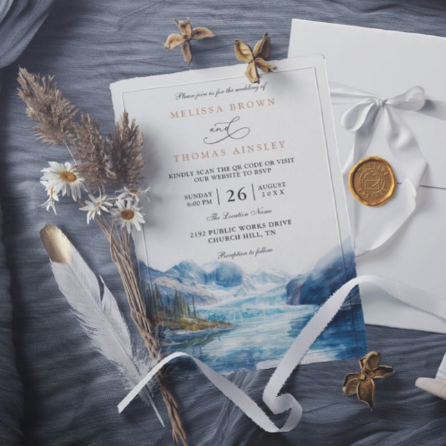 Invitación Rustic Mountains Lake Montana QR Code Wedding (Subido por el creador)
