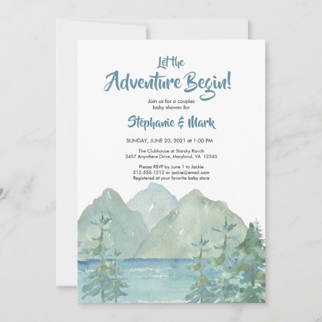 Invitación Rustic Mountains Watercolor Adventure Baby Shower (Anverso)