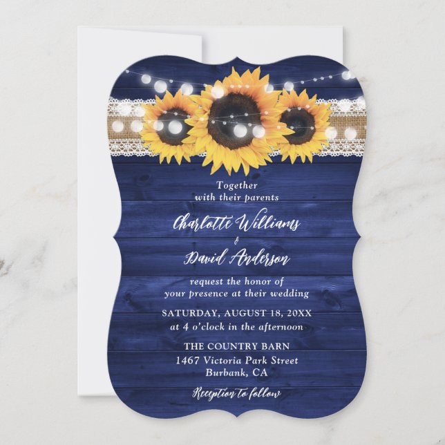 Invitación Rustic Navy Blue Sunflower Wood Wedding (Anverso)