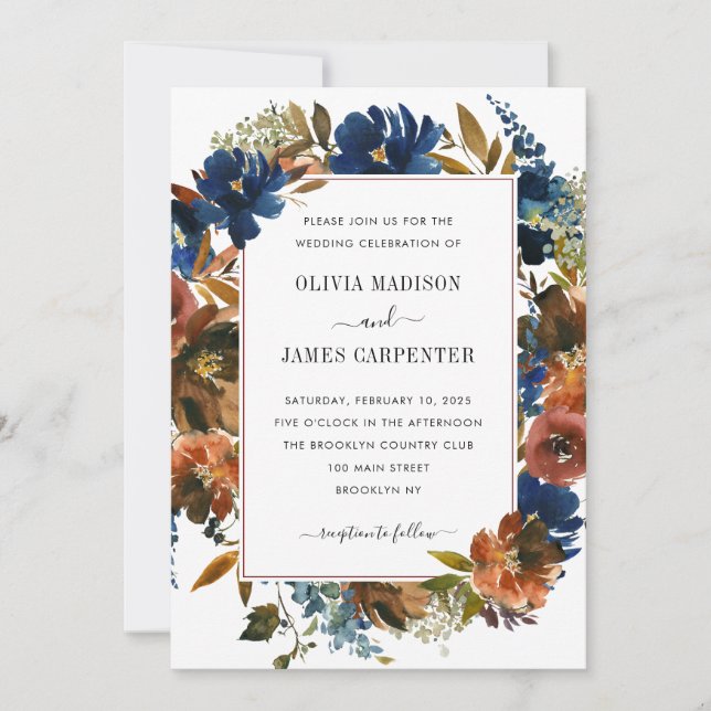 Invitación Rustic Navy Blue Terracotta Floral Fall Wedding (Anverso)