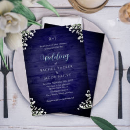 Invitación Rustic Navy Wood Baby's Breath Floral Wedding