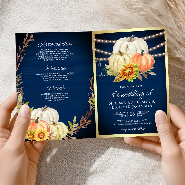 Invitación Rustic Navy Wood Sunflower Pumpkin QR Code Wedding (Subido por el creador)