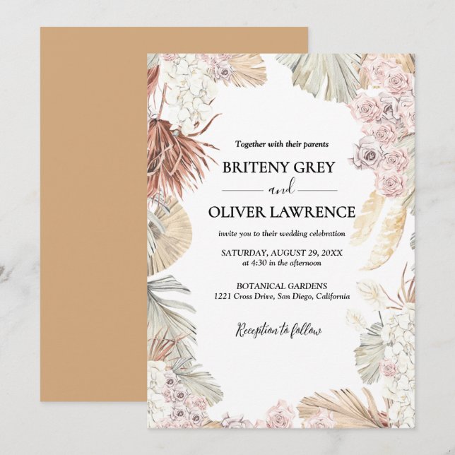 Invitación Rustic Neutral Boho Floral Wedding (Anverso / Reverso)