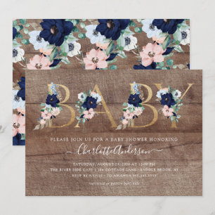 Invitación Rustic Oh Baby Navy Blue Rubor Floral Baby Shower