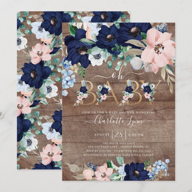 Invitación Rustic Oh Baby Navy Blue Rubor Floral Baby Shower (Anverso / Reverso)