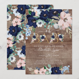 Invitación Rustic Oh Baby Navy Blue Rubor Floral Baby Shower