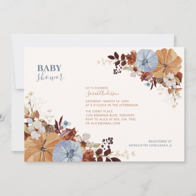 Invitación Rustic Otoño Floral Blue a Baby Shower (Anverso)