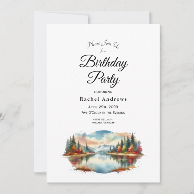 Invitación Rustic Otoño Lakeside Forest Birthday Party (Anverso)