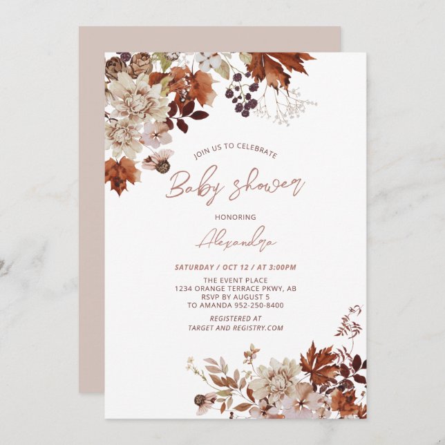 Invitación Rustic Otumn Fall Floral Baby Shower (Anverso / Reverso)