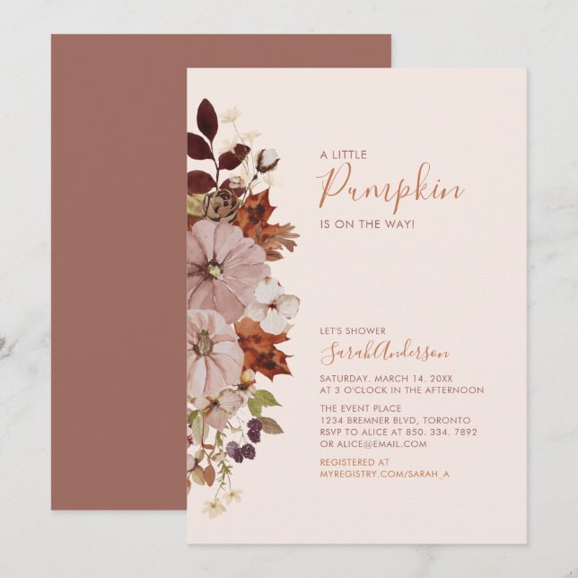 Invitación Rustic Otumn Floral Pumpkin Baby Shower (Anverso / Reverso)