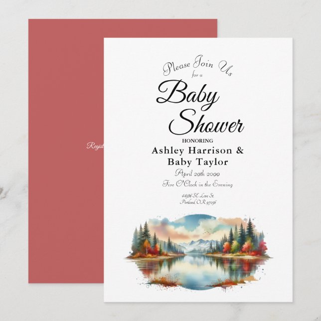 Invitación Rustic Otumn Lakeside Forest Baby Shower (Anverso / Reverso)
