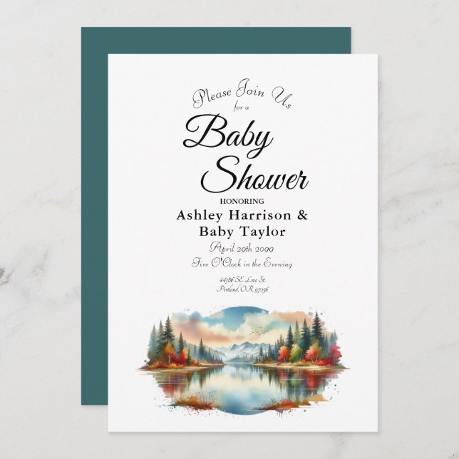 Invitación Rustic Otumn Lakeside Forest Baby Shower (Anverso / Reverso)