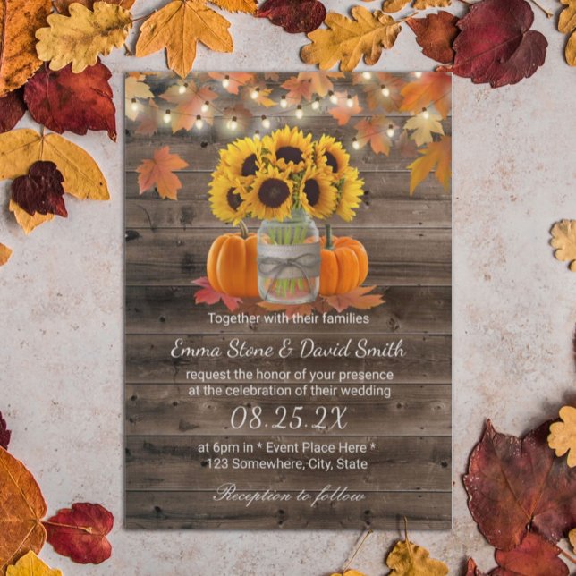 Invitación Rustic Otumn Sunflower Jar Pumpkins Fall Wedding (Subido por el creador)