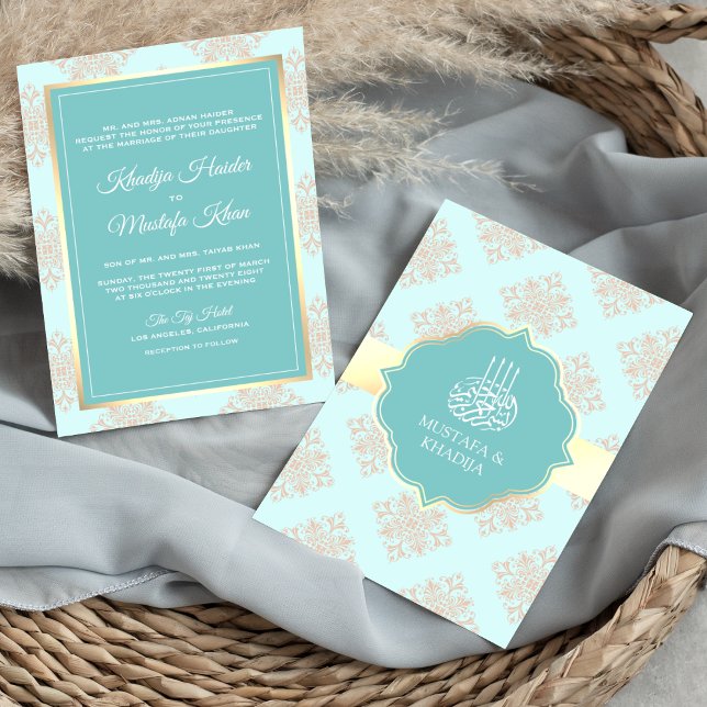 Invitación Rustic Pastel Aqua Blue Damask Muslim Wedding (Subido por el creador)