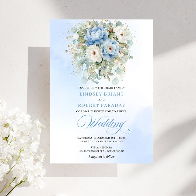 Invitación Rustic Pastel Blue White Peony Eucalyptus Gold Wed (Rustic Pastel Blue White Peony Eucalyptus Gold Wedding)