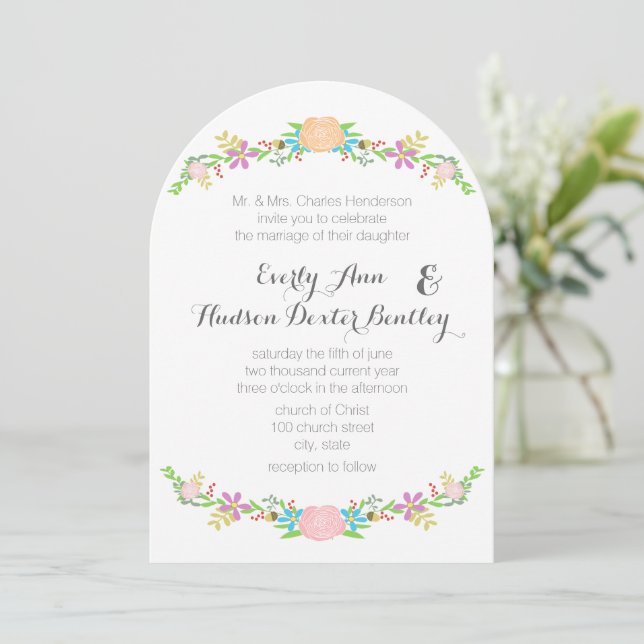 Invitación Rustic Peach Pink Aqua Die Cut Garland Wedding (Anverso de pie)