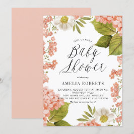 Invitación Rustic Peach Watercolor Hydrangeas Baby Shower